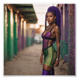 Afrikanischer Neon Cyber Punk Babe in Back Alley Fotodruck
