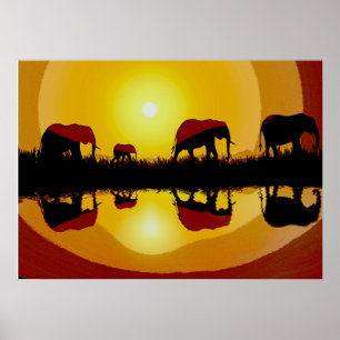 Afrikanischer Sonnenuntergang Elefanten  Poster
