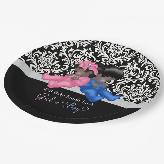 Afrikanisches amerikanisches Geschlecht offenbart Pappteller (Schrägansicht)