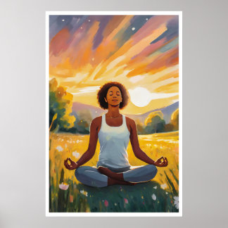 Afrikanisches Feld Yoga bei Sonnenuntergang Poster