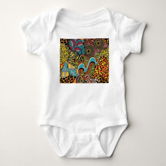 Afrikanisches Gewebe: Wildtierpatchwork. Baby Strampler (Vorderseite)