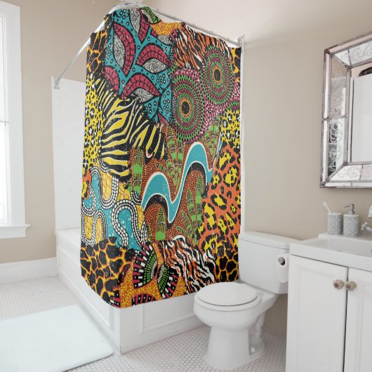 Afrikanisches Gewebe: Wildtierpatchwork. Duschvorhang (Beispiel)