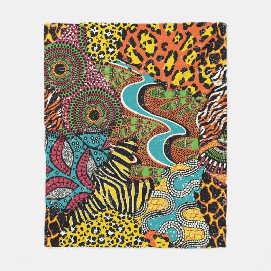Afrikanisches Gewebe: Wildtierpatchwork. Fleecedecke (Vorderseite)