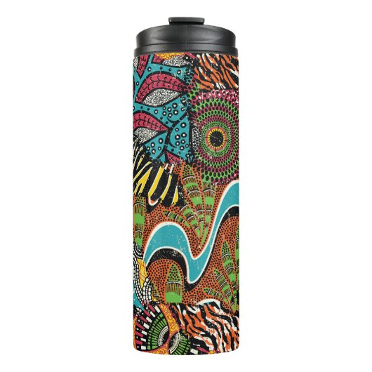 Afrikanisches Gewebe: Wildtierpatchwork. Thermosbecher (Vorderseite)
