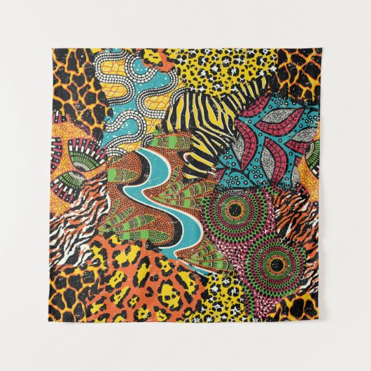 Afrikanisches Gewebe: Wildtierpatchwork. Wandteppich (Vorderseite (Horizontal))