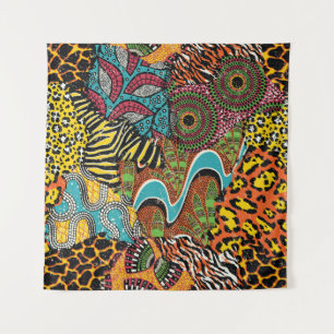 Afrikanisches Gewebe: Wildtierpatchwork. Wandteppich