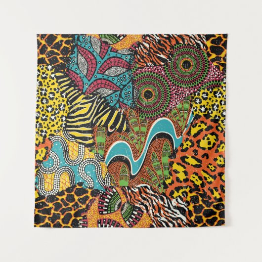 Afrikanisches Gewebe: Wildtierpatchwork. Wandteppich (Vorderseite)