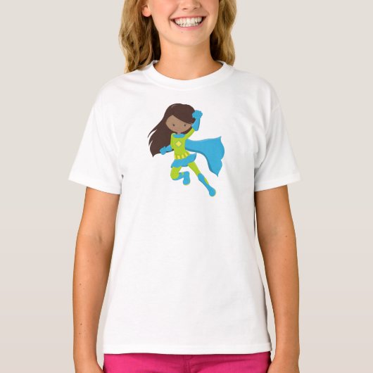 Afrikanisches Mädchen, Superhero Girl, Blue Cape T-Shirt (Vorderseite)