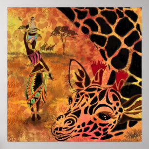 Afrikanisches Mädchen und Giraffenfreunde Poster M