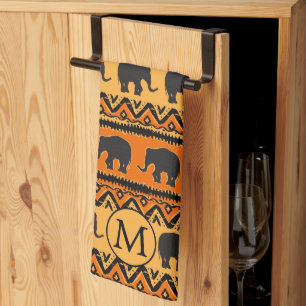 Afrikanisches Orange Black Elephant Monogram Geschirrtuch