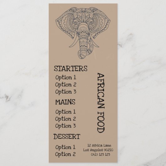Afrikanisches Restaurantabendessenmenü Menükarte (Vorderseite)