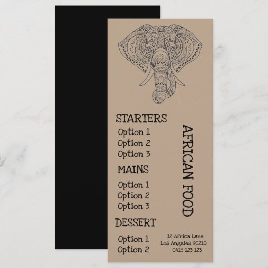Afrikanisches Restaurantabendessenmenü Menükarte (Vorne/Hinten)