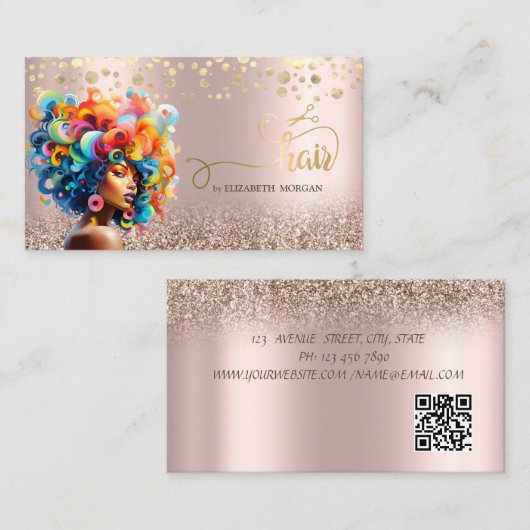 Afro American Woman Colorful Hair Schere Visitenkarte (Vorne/Hinten)