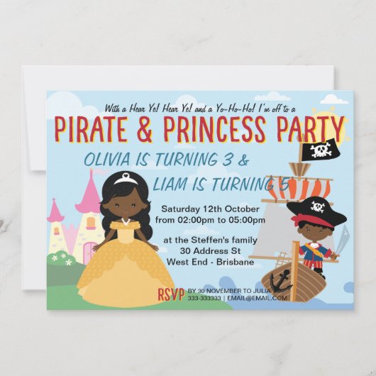 Afro-Amerikanische Prinzessin und Pirate Einladung (Vorderseite)
