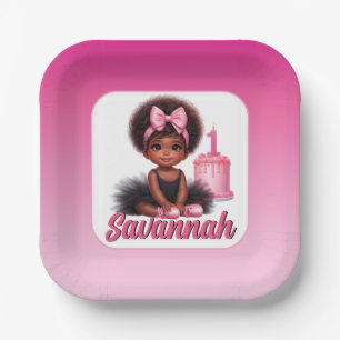 Afro-Babymädchen Rosa & Schwarzes Tutu 1. Geburtst Pappteller