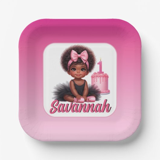 Afro-Babymädchen Rosa & Schwarzes Tutu 1. Geburtst Pappteller (Vorderseite)