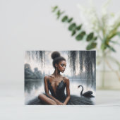 Afro Ballerina in Black Tutu mit Swan Moody Art Postkarte (Stehend Vorderseite)