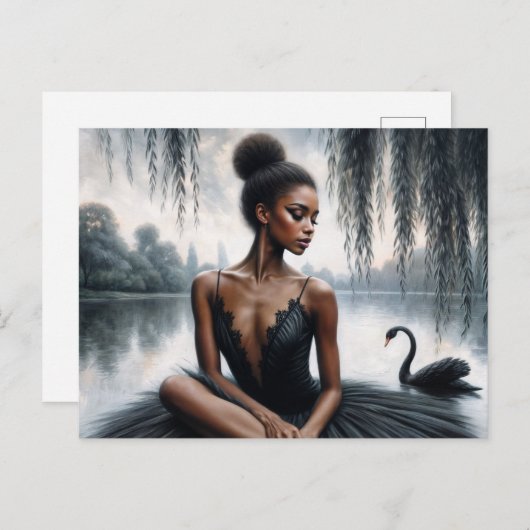 Afro Ballerina in Black Tutu mit Swan Moody Art Postkarte (Vorne/Hinten)