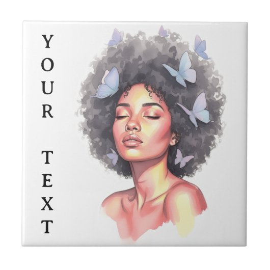 Afro Beauty with Butterflies – Watercolor Portrait Fliese (Vorderseite)
