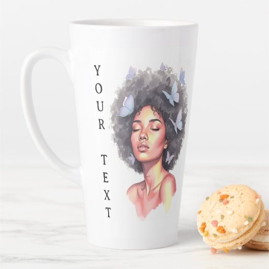 Afro Beauty with Butterflies – Watercolor Portrait Milchtasse (Beispiel)