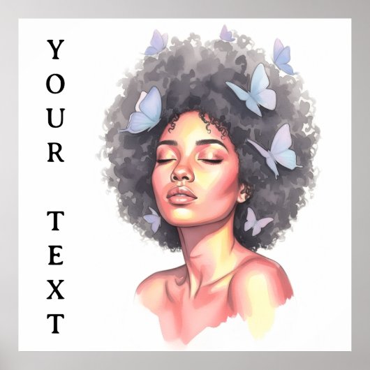 Afro Beauty with Butterflies – Watercolor Portrait Poster (Vorne)