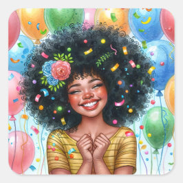 Afro Birthday Girl mit brauner Hautfarbe Quadratischer Aufkleber