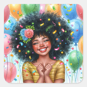 Afro Birthday Girl mit brauner Hautfarbe Quadratischer Aufkleber