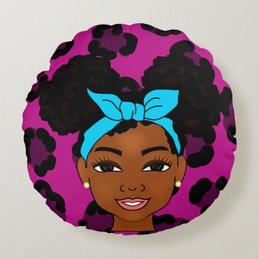 'Afro black girl puffs Rundes Kissen (Vorderseite)