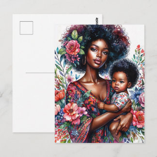 Afro Black Mother and Baby Floral Watercolor Postkarte