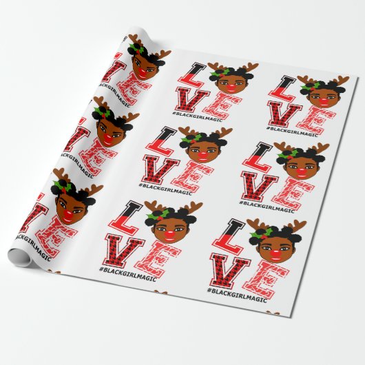 Afro Black Rentier Weihnachtsmädchen Santa Rote Na Geschenkpapier (Ungerollt)