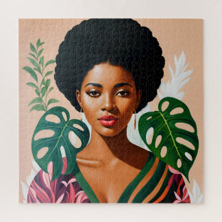 Afro Black Woman Monstera Deliciosa Botanical Puzzle