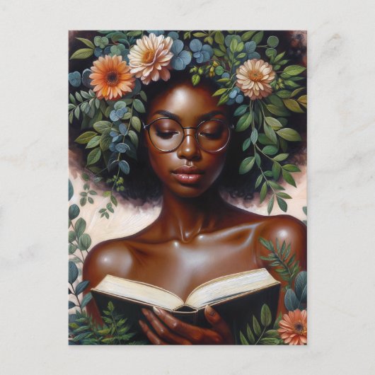 Afro Botanical Woman Reading Book Postkarte (Vorderseite)