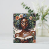 Afro Botanische Frau liest Buch Postkarte (Stehend Vorderseite)