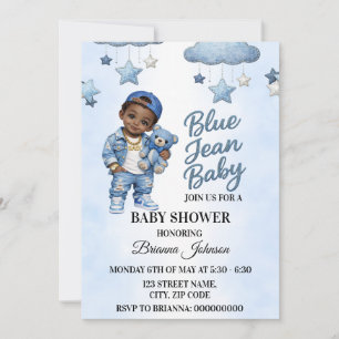 Afro Boy Denim Blue Jean Baby Shower Einladung