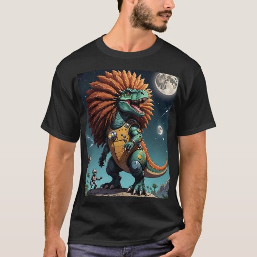 Afro Dino Kosmischer Krieger Anzug T-Shirt (Vorderseite)
