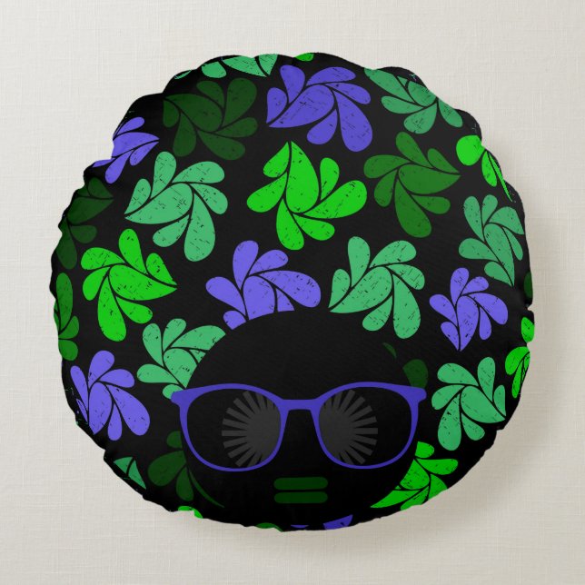Afro Diva Green & Blue Rundes Kissen (Vorderseite)