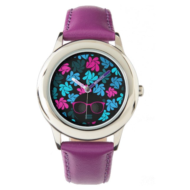Afro Diva Hot Pink & Türkis Armbanduhr (Vorderseite)
