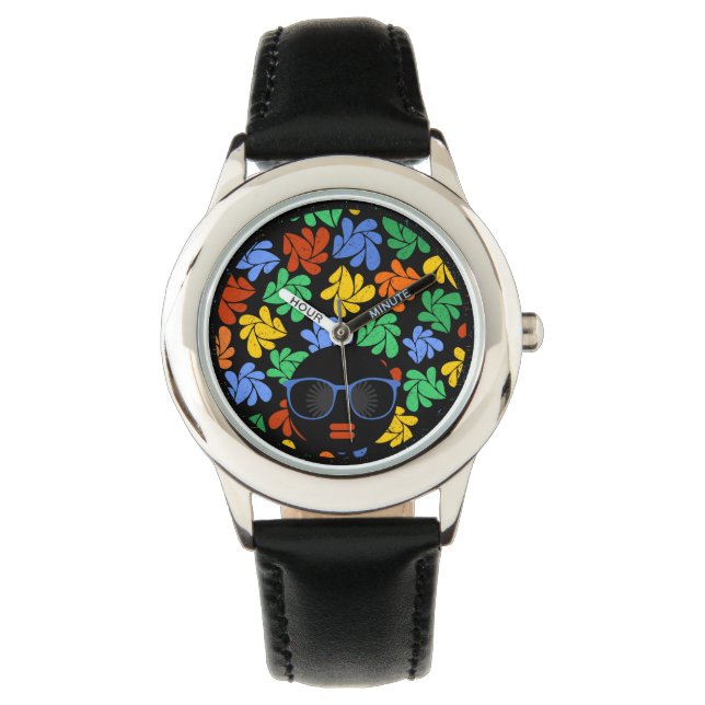 Afro Diva Regenbogen Armbanduhr (Vorderseite)