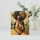 Afro Fairy Girl mit dunkler Haut und Sonnenblumen Postkarte (Stehend Vorderseite)