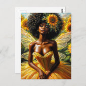 Afro Fairy Girl mit dunkler Haut und Sonnenblumen Postkarte (Vorne/Hinten)