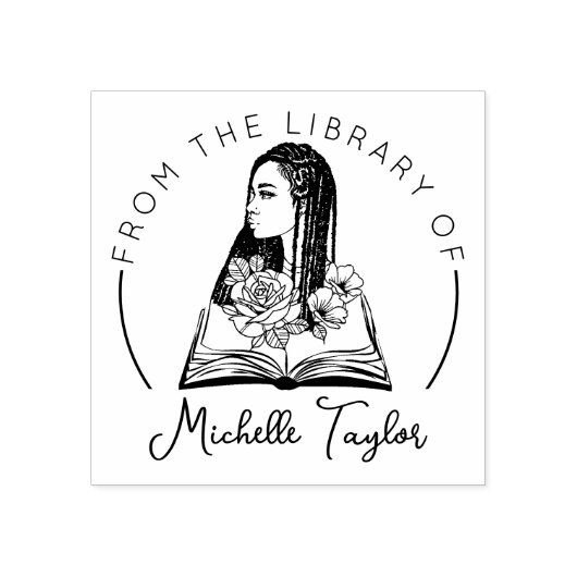 Afro Frau mit Blume, Buch aus der Bibliothek von Gummistempel (Prägung)