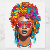 Afro Frau mit Sonnenbrille, farbenfroher Pop Art 6 Weinetikett (Einzelnes Label)