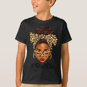 Afro-Frau unordentlicher Knoten schwarzes Gigi-Leb T-Shirt