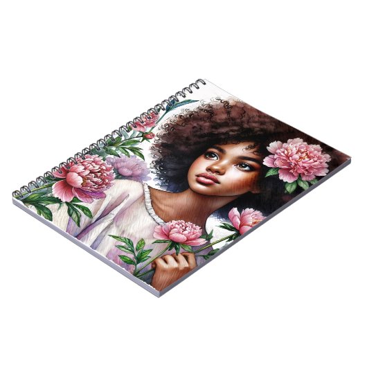 Afro Girl With Peonies Watercolor Notebook Notizblock (Linke Seite)
