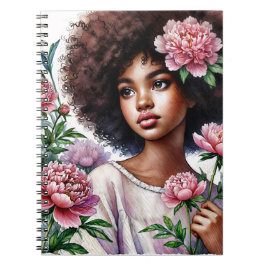Afro Girl With Peonies Watercolor Notebook Notizblock