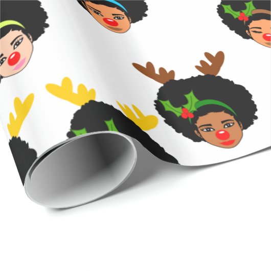 Afro Girls Santa Reindeer Weihnachtsrot Geschenkpapier (Rolleneckpunkt)