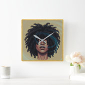 Afro Glow Wall Clock – Modern Black Art Quadratische Wanduhr (Zuhause)