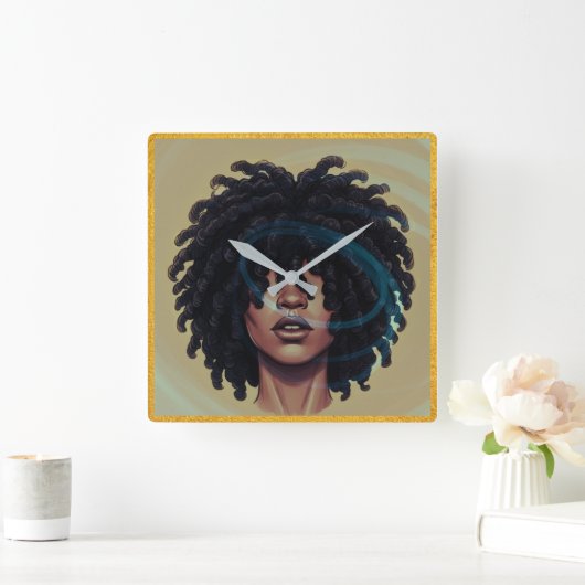 Afro Glow Wall Clock – Modern Black Art Quadratische Wanduhr (Zuhause)
