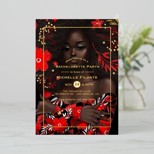 Afro Gold Foil Weihnachtsfest Junggeselinnen-Absch Folieneinladung (Stehend vorne)