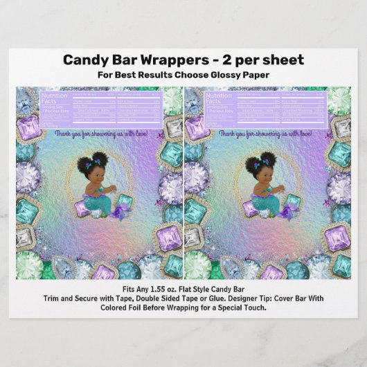 Afro Jewel Mermaid Baby Shower Candy Bar Wrappers Flyer (Vorne)